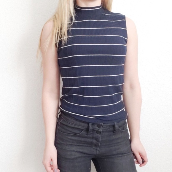 J. Crew Striped Ribbed Mock Turtleneck Tank Top M - Picture 1 of 12